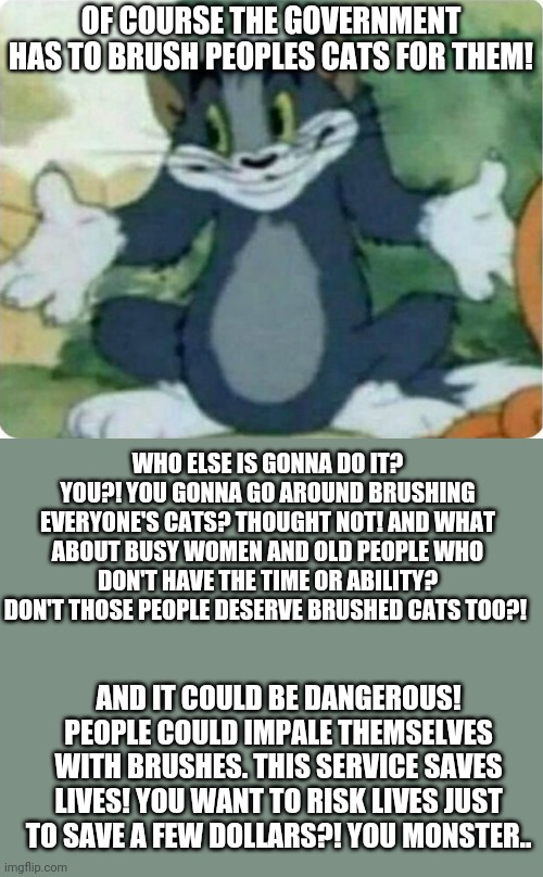 Liberalism 2028: I don't wanna live in a 1st world nation where we can afford a big military but can't brush cats! | OF COURSE THE GOVERNMENT HAS TO BRUSH PEOPLES CATS FOR THEM! WHO ELSE IS GONNA DO IT? YOU?! YOU GONNA GO AROUND BRUSHING EVERYONE'S CATS? THOUGHT NOT! AND WHAT ABOUT BUSY WOMEN AND OLD PEOPLE WHO DON'T HAVE THE TIME OR ABILITY? DON'T THOSE PEOPLE DESERVE BRUSHED CATS TOO?! AND IT COULD BE DANGEROUS! PEOPLE COULD IMPALE THEMSELVES WITH BRUSHES. THIS SERVICE SAVES LIVES! YOU WANT TO RISK LIVES JUST TO SAVE A FEW DOLLARS?! YOU MONSTER.. | image tagged in tom shrugging | made w/ Imgflip meme maker