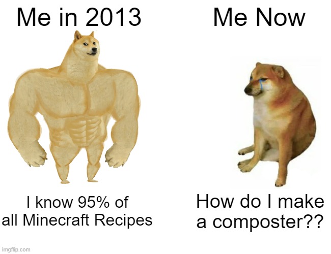 How do I make Composter? | Me in 2013; Me Now; I know 95% of all Minecraft Recipes; How do I make a composter?? | image tagged in memes,buff doge vs cheems | made w/ Imgflip meme maker