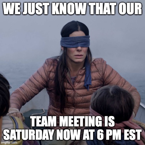 Meeting Birdbox | WE JUST KNOW THAT OUR; TEAM MEETING IS  SATURDAY NOW AT 6 PM EST | image tagged in memes,bird box | made w/ Imgflip meme maker