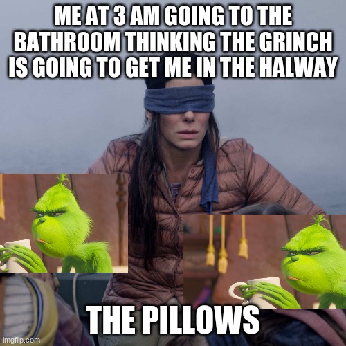 this was so me when i was 5 | ME AT 3 AM GOING TO THE BATHROOM THINKING THE GRINCH IS GOING TO GET ME IN THE HALWAY; THE PILLOWS | image tagged in memes,bird box | made w/ Imgflip meme maker