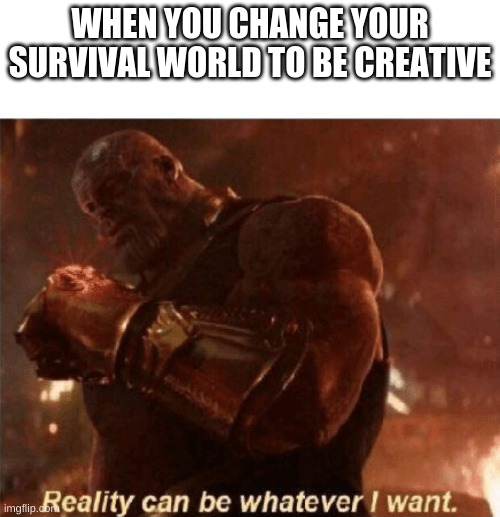 If you like this meme, you might like my other ones too: https://imgflip.com/all/user-images/Kingpancake | WHEN YOU CHANGE YOUR SURVIVAL WORLD TO BE CREATIVE | image tagged in reality can be whatever i want | made w/ Imgflip meme maker