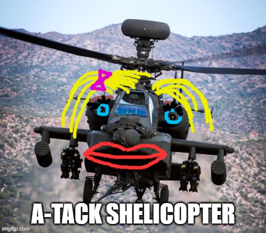attack helicopter apache | A-TACK SHELICOPTER | image tagged in attack helicopter apache | made w/ Imgflip meme maker