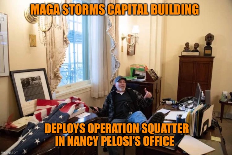 Half baked coup | MAGA STORMS CAPITAL BUILDING; DEPLOYS OPERATION SQUATTER IN NANCY PELOSI’S OFFICE | image tagged in donald trump,maga,terrorism,arrest,joe biden,president | made w/ Imgflip meme maker