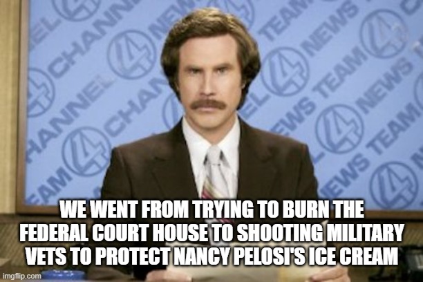 Ron Burgundy Meme | WE WENT FROM TRYING TO BURN THE FEDERAL COURT HOUSE TO SHOOTING MILITARY VETS TO PROTECT NANCY PELOSI'S ICE CREAM | image tagged in memes,ron burgundy | made w/ Imgflip meme maker