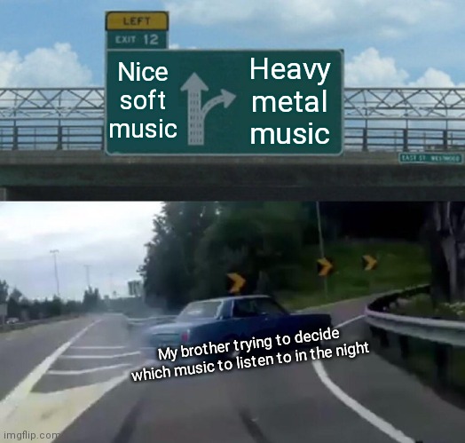 Pick nice sleeping music bro | Nice soft music; Heavy metal music; My brother trying to decide which music to listen to in the night | image tagged in memes,left exit 12 off ramp | made w/ Imgflip meme maker