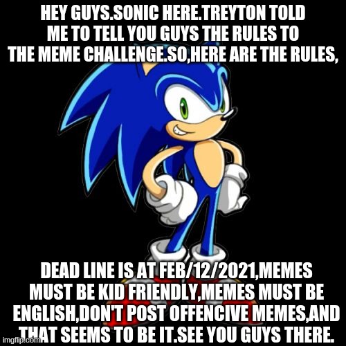 sonic tells you the rules to the challenge | HEY GUYS.SONIC HERE.TREYTON TOLD ME TO TELL YOU GUYS THE RULES TO THE MEME CHALLENGE.SO,HERE ARE THE RULES, DEAD LINE IS AT FEB/12/2021,MEMES MUST BE KID FRIENDLY,MEMES MUST BE ENGLISH,DON'T POST OFFENCIVE MEMES,AND THAT SEEMS TO BE IT.SEE YOU GUYS THERE. | image tagged in memes,you're too slow sonic | made w/ Imgflip meme maker