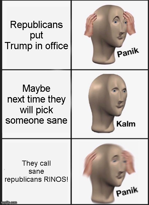 I disagree with most republican stances, but I use to be able to understand were they came from. I miss those days | Republicans put Trump in office; Maybe next time they will pick someone sane; They call sane republicans RINOS! | image tagged in memes,panik kalm panik | made w/ Imgflip meme maker