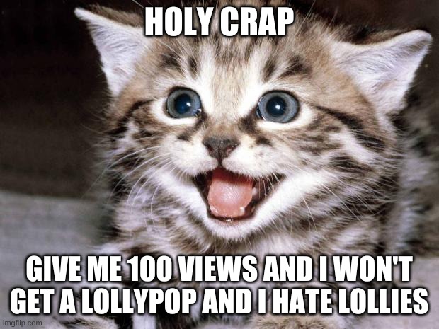 Cute Kitten Hopes | HOLY CRAP; GIVE ME 100 VIEWS AND I WON'T GET A LOLLYPOP AND I HATE LOLLIES | image tagged in cute kitten hopes | made w/ Imgflip meme maker