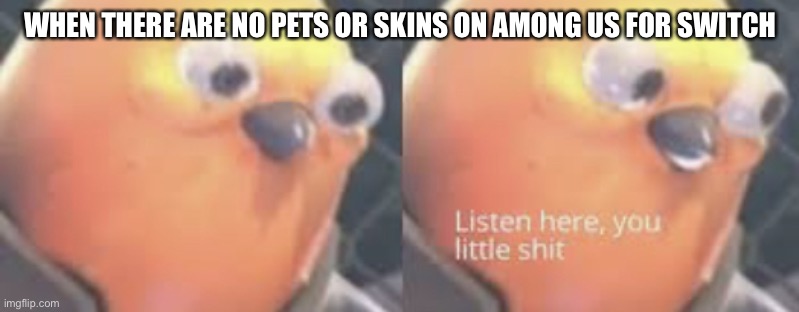 No pets or skins on among us for switch | WHEN THERE ARE NO PETS OR SKINS ON AMONG US FOR SWITCH | image tagged in listen here you little shit bird,among us,nintendo switch | made w/ Imgflip meme maker