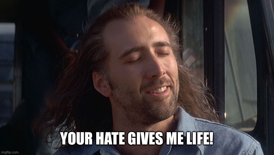 Cool Breeze Nic Cage  | YOUR HATE GIVES ME LIFE! | image tagged in cool breeze nic cage | made w/ Imgflip meme maker