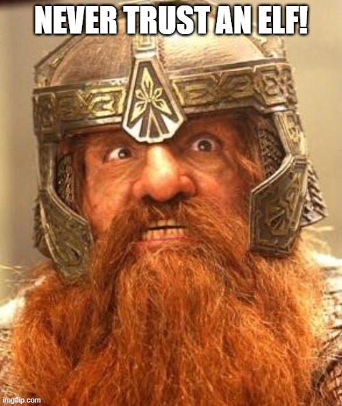 Never Trust An Elf! | NEVER TRUST AN ELF! | image tagged in gimli | made w/ Imgflip meme maker