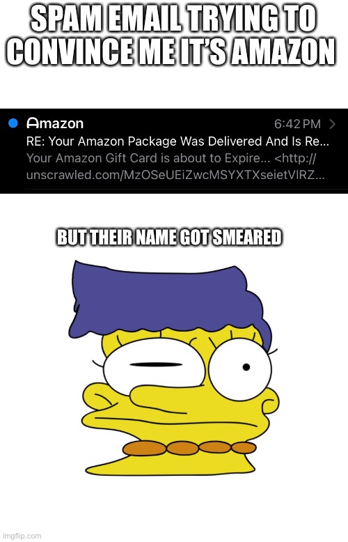 Smeared Email | SPAM EMAIL TRYING TO CONVINCE ME IT’S AMAZON; BUT THEIR NAME GOT SMEARED | image tagged in simpsons,marge simpson,smeared shirt,spam email,scam | made w/ Imgflip meme maker