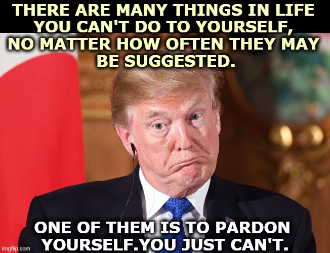 No, you can't. | THERE ARE MANY THINGS IN LIFE 
YOU CAN'T DO TO YOURSELF, 
NO MATTER HOW OFTEN THEY MAY 
BE SUGGESTED. ONE OF THEM IS TO PARDON 
YOURSELF.YOU JUST CAN'T. | image tagged in trump dumbfounded befuddled confused,trump,pardon,self,impossible | made w/ Imgflip meme maker