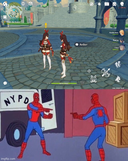 Genshin Impact goes brrrr | image tagged in spiderman pointing at spiderman,genshin impact,clone,memes | made w/ Imgflip meme maker