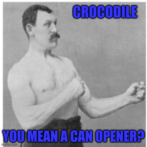 Overly Manly Man Meme | CROCODILE; YOU MEAN A CAN OPENER? | image tagged in memes,overly manly man,crocodiles | made w/ Imgflip meme maker