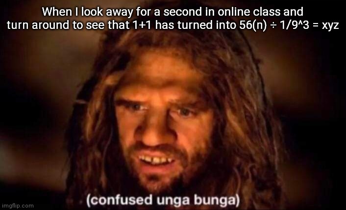 Confused Unga Bunga |  When I look away for a second in online class and turn around to see that 1+1 has turned into 56(n) ÷ 1/9^3 = xyz | image tagged in confused unga bunga | made w/ Imgflip meme maker