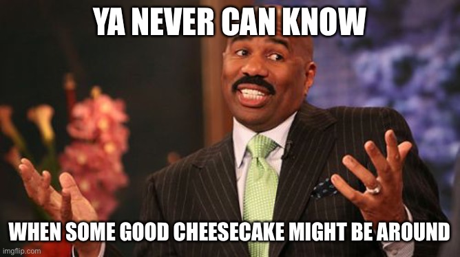 Steve Harvey Meme | YA NEVER CAN KNOW WHEN SOME GOOD CHEESECAKE MIGHT BE AROUND | image tagged in memes,steve harvey | made w/ Imgflip meme maker