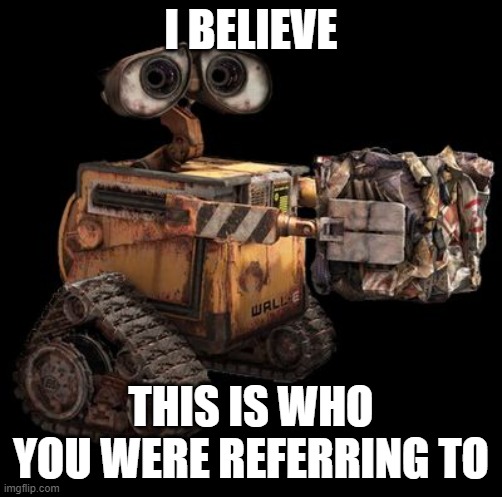 Wall-E | I BELIEVE THIS IS WHO YOU WERE REFERRING TO | image tagged in wall-e | made w/ Imgflip meme maker