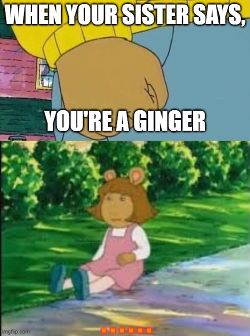 WHEN YOUR SISTER SAYS, YOU'RE A GINGER; . . . . . . | image tagged in memes,arthur fist,help the gingers,take down the blonds | made w/ Imgflip meme maker