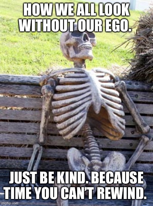 Just be kind | HOW WE ALL LOOK WITHOUT OUR EGO. JUST BE KIND. BECAUSE TIME YOU CAN’T REWIND. | image tagged in skeleton on bench | made w/ Imgflip meme maker