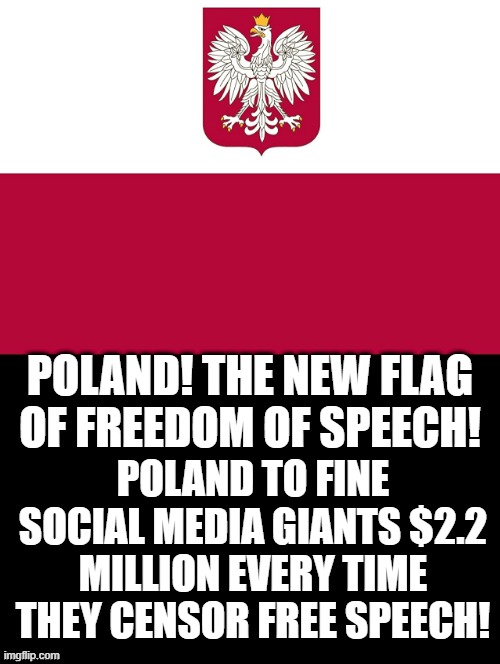 Poland! The New Flag of Freedom of Speech! | POLAND! THE NEW FLAG OF FREEDOM OF SPEECH! POLAND TO FINE SOCIAL MEDIA GIANTS $2.2 MILLION EVERY TIME THEY CENSOR FREE SPEECH! | image tagged in freedom of speech | made w/ Imgflip meme maker