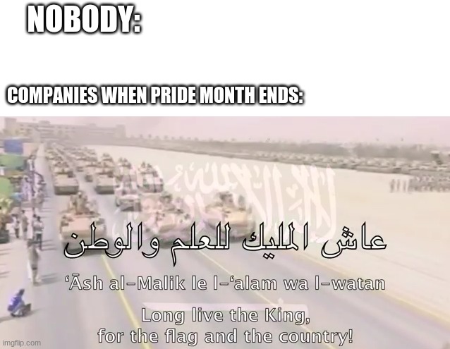 This is basically companies when it's july 1st | NOBODY:; COMPANIES WHEN PRIDE MONTH ENDS: | image tagged in memes,pride,saudi arabia,funny,company | made w/ Imgflip meme maker