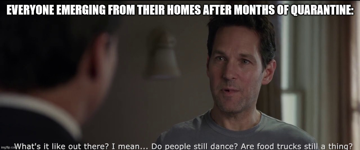 Yes, we dance - 6 ft. apart! And we eat from food trucks sanatized from top to bottom - if they are even still open! | EVERYONE EMERGING FROM THEIR HOMES AFTER MONTHS OF QUARANTINE: | image tagged in marvel,quarantine,ant man | made w/ Imgflip meme maker