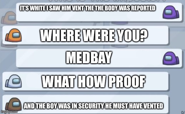 Among us | IT’S WHITE I SAW HIM VENT THE THE BODY WAS REPORTED; WHERE WERE YOU? MEDBAY; WHAT HOW PROOF; AND THE BOY WAS IN SECURITY HE MUST HAVE VENTED | image tagged in among us chat | made w/ Imgflip meme maker