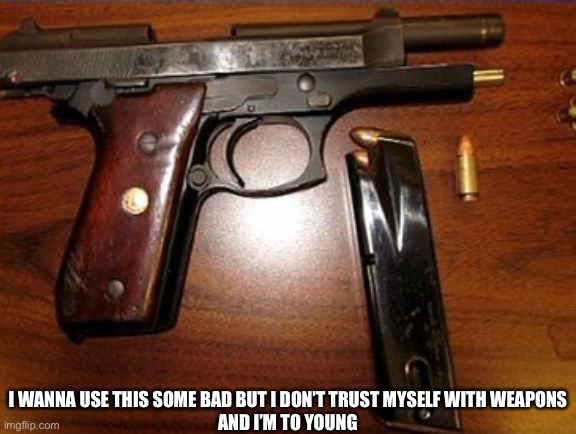 I WANNA USE THIS SOME BAD BUT I DON’T TRUST MYSELF WITH WEAPONS
AND I’M TO YOUNG | made w/ Imgflip meme maker