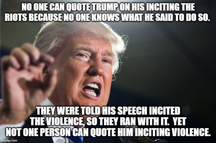 donald trump | NO ONE CAN QUOTE TRUMP ON HIS INCITING THE RIOTS BECAUSE NO ONE KNOWS WHAT HE SAID TO DO SO. THEY WERE TOLD HIS SPEECH INCITED THE VIOLENCE, SO THEY RAN WITH IT.  YET NOT ONE PERSON CAN QUOTE HIM INCITING VIOLENCE. | image tagged in donald trump | made w/ Imgflip meme maker