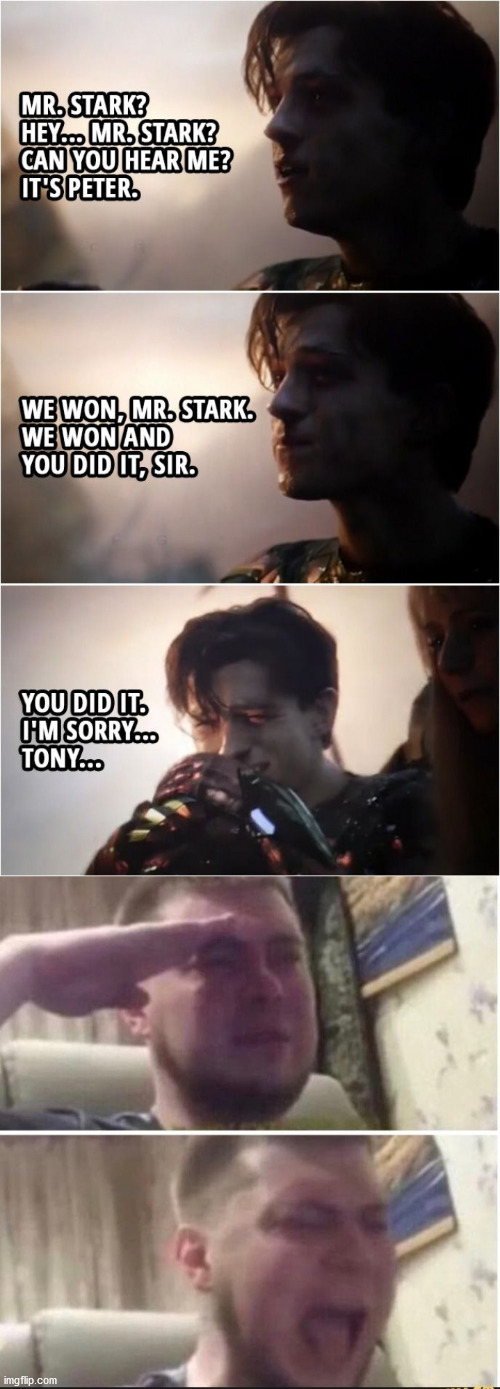 You did it sir... RIP Tony Stark. | image tagged in crying salute,avengers endgame,iron man,spiderman peter parker | made w/ Imgflip meme maker