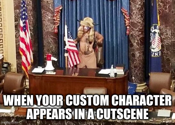 another custom character | WHEN YOUR CUSTOM CHARACTER
APPEARS IN A CUTSCENE | image tagged in viking senate,viking,protest,rpg,character | made w/ Imgflip meme maker