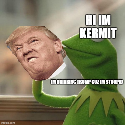 kermit is stoopid | HI IM KERMIT; IM DRINKING TRUMP CUZ IM STOOPID | image tagged in memes,but that's none of my business,kermit the frog | made w/ Imgflip meme maker