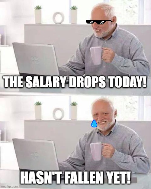 Hide the Pain Harold Meme | THE SALARY DROPS TODAY! HASN'T FALLEN YET! | image tagged in memes,hide the pain harold | made w/ Imgflip meme maker