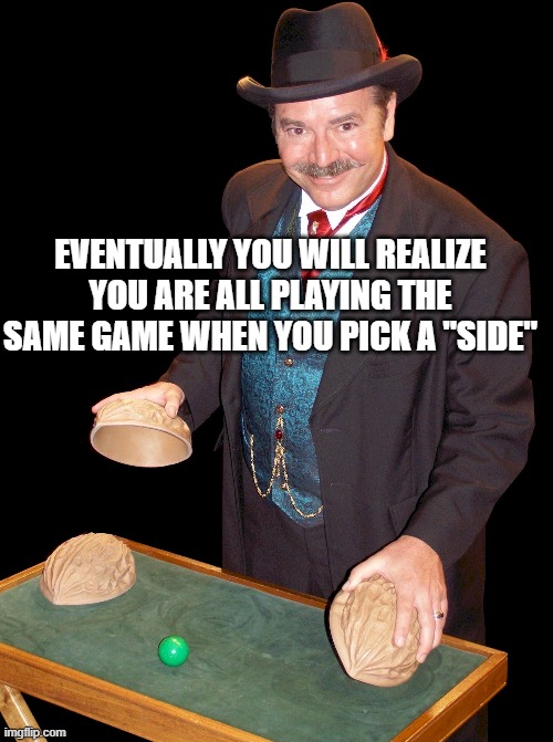 Shell Game | EVENTUALLY YOU WILL REALIZE YOU ARE ALL PLAYING THE SAME GAME WHEN YOU PICK A "SIDE" | image tagged in shell game | made w/ Imgflip meme maker