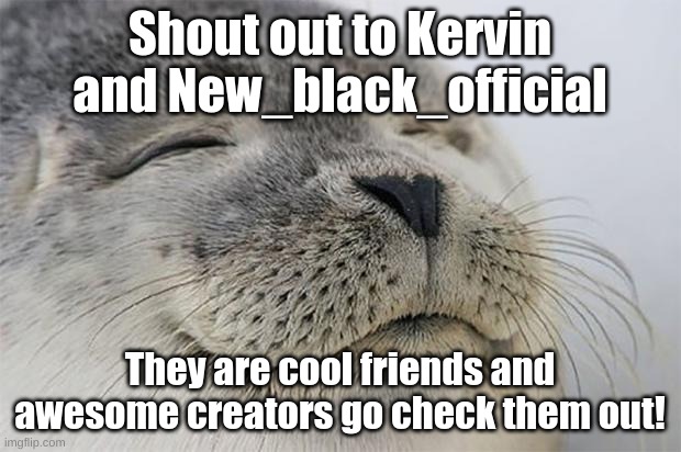 Please check them out they are the best Imgflip friends a person could have | Shout out to Kervin and New_black_official; They are cool friends and awesome creators go check them out! | image tagged in memes,satisfied seal,friends,shout out | made w/ Imgflip meme maker