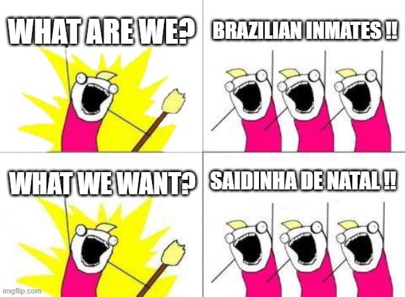 What Do We Want | WHAT ARE WE? BRAZILIAN INMATES !! SAIDINHA DE NATAL !! WHAT WE WANT? | image tagged in memes,what do we want | made w/ Imgflip meme maker