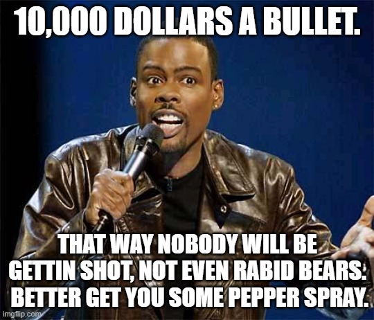 Chris Rock |  10,000 DOLLARS A BULLET. THAT WAY NOBODY WILL BE GETTIN SHOT, NOT EVEN RABID BEARS.  BETTER GET YOU SOME PEPPER SPRAY. | image tagged in chris rock | made w/ Imgflip meme maker