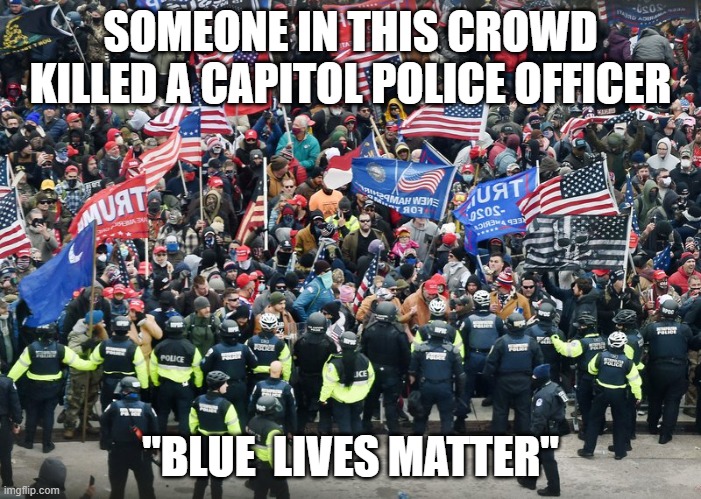 SOMEONE IN THIS CROWD KILLED A CAPITOL POLICE OFFICER; "BLUE  LIVES MATTER" | image tagged in trump,riot,death | made w/ Imgflip meme maker