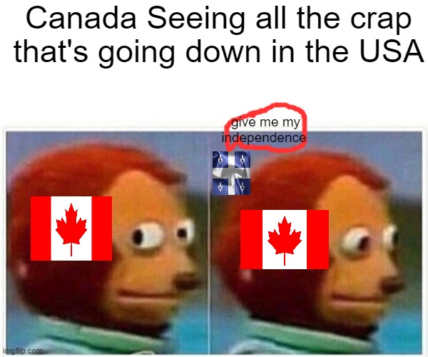 Canada got a big problem too | Canada Seeing all the crap that's going down in the USA; give me my independence | image tagged in memes,monkey puppet | made w/ Imgflip meme maker