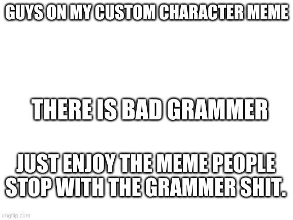 Blank White Template | GUYS ON MY CUSTOM CHARACTER MEME; THERE IS BAD GRAMMER; JUST ENJOY THE MEME PEOPLE
STOP WITH THE GRAMMER SHIT. | image tagged in blank white template | made w/ Imgflip meme maker