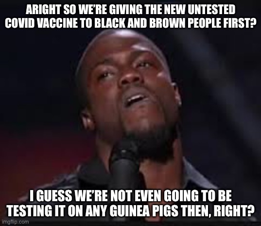 Kevin Hart | ARIGHT SO WE’RE GIVING THE NEW UNTESTED COVID VACCINE TO BLACK AND BROWN PEOPLE FIRST? I GUESS WE’RE NOT EVEN GOING TO BE TESTING IT ON ANY GUINEA PIGS THEN, RIGHT? | image tagged in kevin hart,new normal,so true,true story bro,covid-19,covid | made w/ Imgflip meme maker