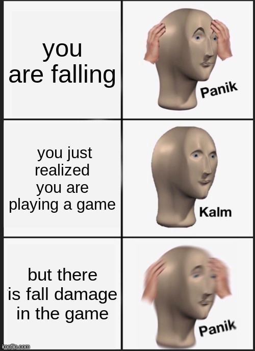 Panik Kalm Panik | you are falling; you just realized you are playing a game; but there is fall damage in the game | image tagged in memes,panik kalm panik | made w/ Imgflip meme maker