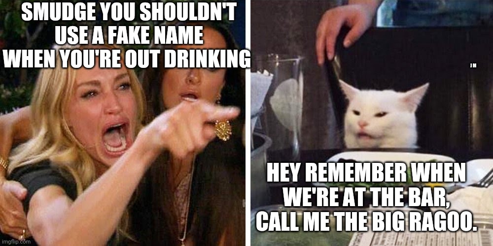 Smudge the cat | SMUDGE YOU SHOULDN'T USE A FAKE NAME WHEN YOU'RE OUT DRINKING; J M; HEY REMEMBER WHEN WE'RE AT THE BAR, CALL ME THE BIG RAGOO. | image tagged in smudge the cat | made w/ Imgflip meme maker