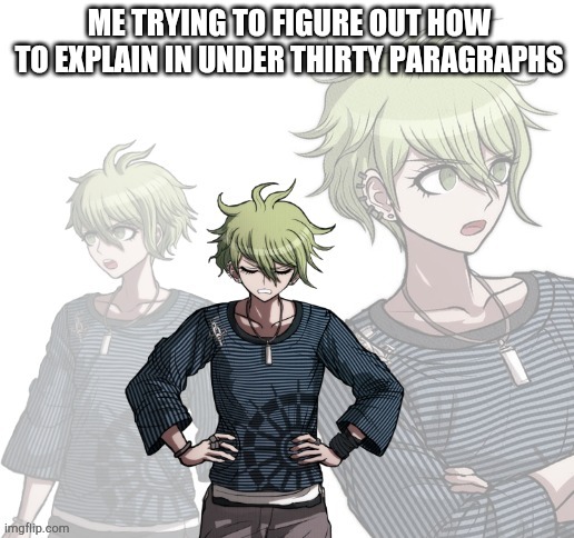 Confused Rantaro | ME TRYING TO FIGURE OUT HOW TO EXPLAIN IN UNDER THIRTY PARAGRAPHS | image tagged in confused rantaro | made w/ Imgflip meme maker