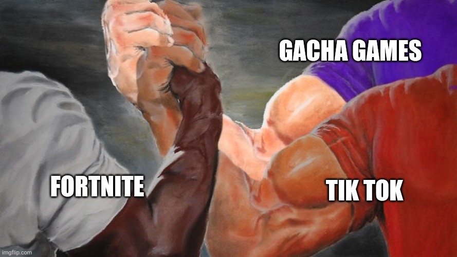 Epic Handshake Three Way | FORTNITE TIK TOK GACHA GAMES | image tagged in epic handshake three way | made w/ Imgflip meme maker