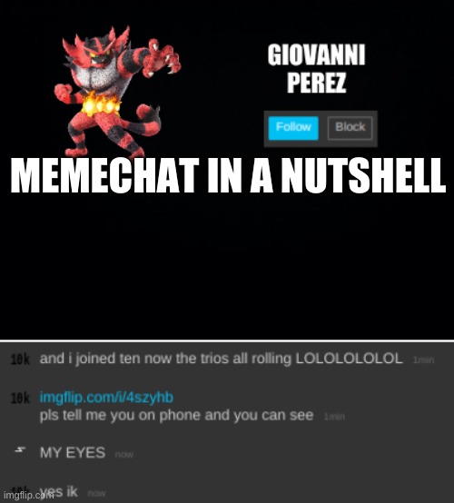 LOL
bruh who dissaproved | MEMECHAT IN A NUTSHELL | image tagged in incineroar_memer announcement 2 | made w/ Imgflip meme maker
