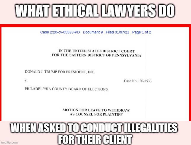 Trump lawyer resigns as "the client has used lawyer's services to perpetrate a crime..." | WHAT ETHICAL LAWYERS DO; WHEN ASKED TO CONDUCT ILLEGALITIES 
FOR THEIR CLIENT | image tagged in trump,election 2020,fraud,scammer,criminal | made w/ Imgflip meme maker