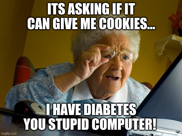 Grandma Cant have cookies enabled | ITS ASKING IF IT CAN GIVE ME COOKIES... I HAVE DIABETES YOU STUPID COMPUTER! | image tagged in memes,grandma finds the internet | made w/ Imgflip meme maker