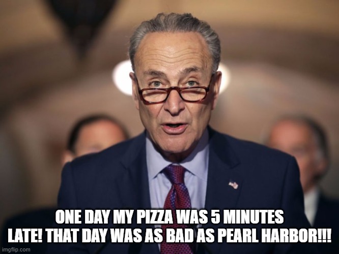 Idiot Chuck Schumer! | ONE DAY MY PIZZA WAS 5 MINUTES LATE! THAT DAY WAS AS BAD AS PEARL HARBOR!!! | image tagged in idiot chuck schumer | made w/ Imgflip meme maker